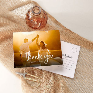 Cartão Postal Agradecimento de Foto de Casamento com Caligrafia 