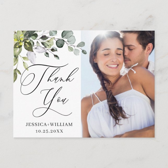 Cartão Postal Agradecimento de Foto de Casamento com Eucalipto e (Frente)