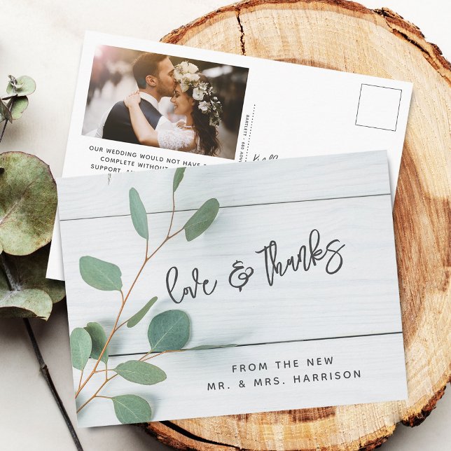 Cartão Postal Agradecimento de Foto de Casamento com Eucalipto R (Rustic Eucalyptus Wedding Photo Thank You Postcard)