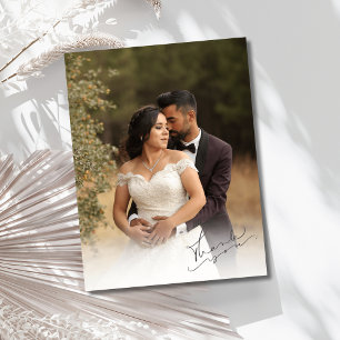 Cartão Postal Agradecimento de Foto de Casamento com Letra Elega