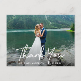 Cartão Postal Agradecimento de Foto de Casamento com Letra Manus