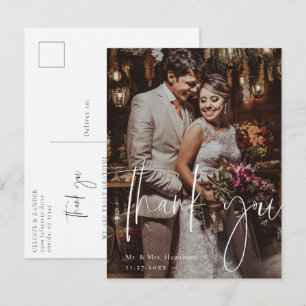Cartão Postal Agradecimento de Foto de Casamento com Letra Moder
