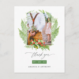 Cartão Postal Agradecimento de Foto de Casamento com Vegetação e
