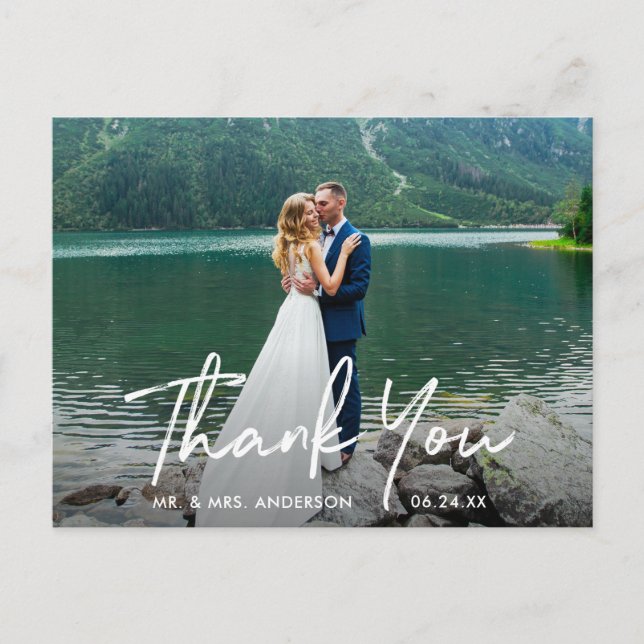 Cartão Postal Agradecimento de Foto de Casamento em Letra Escrit (Frente)