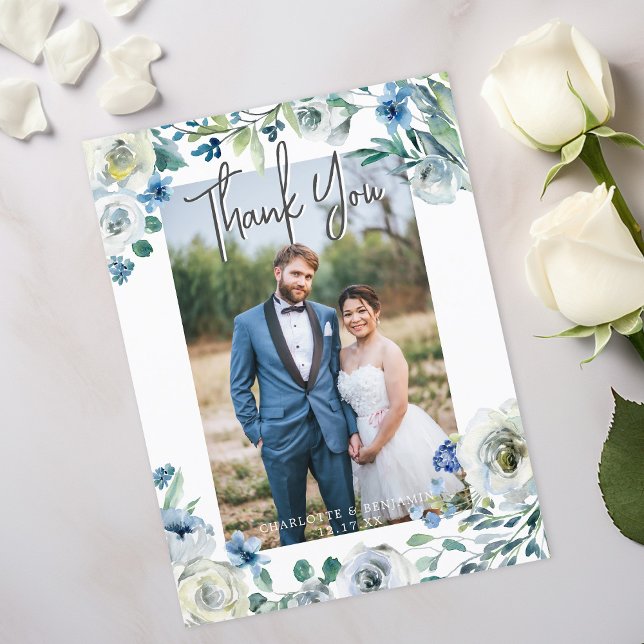 Cartão Postal Agradecimento de Foto de Casamento Floral Azul Ele (Criador carregado)