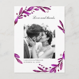 Cartão Postal Agradecimento de foto de casamento floral roxo em 