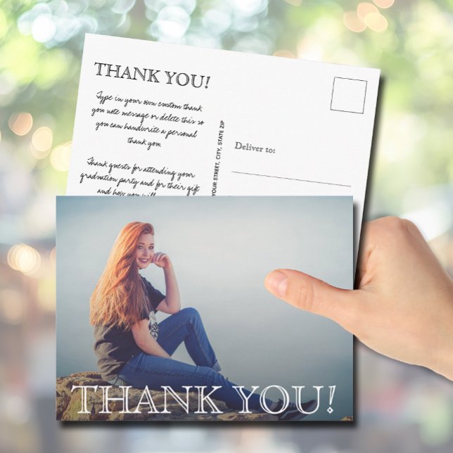 Cartão Postal Agradecimento de Foto de Formatura Chic Script (Graduation photo thank you postcards)