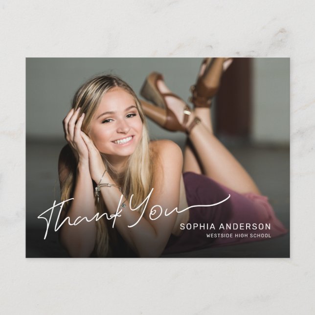 Cartão Postal Agradecimento de Graduado de Script Moderno Foto C (Frente)