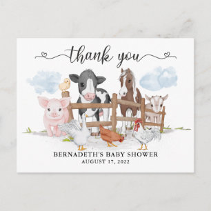 Cartão Postal Agradecimento Fofo de Animais da Fazenda em Aquare