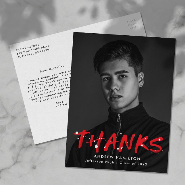 Cartão Postal Agradecimento Moderno com Salpicos de Tinta Vermel (Criador carregado)