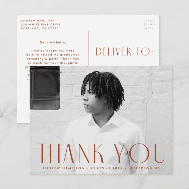 Cartão Postal Agradecimento Moderno de Formatura com Foto em Rus (Frente/Verso)