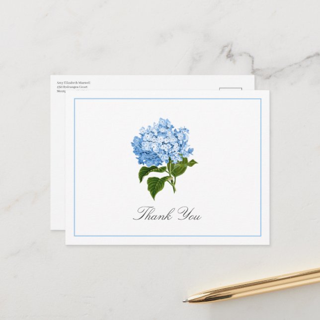 Cartão Postal Agradecimento Tradicional Flor de Hortênsia Azul (Frente/Verso In Situ)
