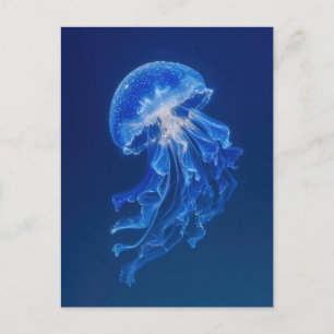 Cartão Postal Água-viva Azul Brilhando no Oceano Profundo de uma