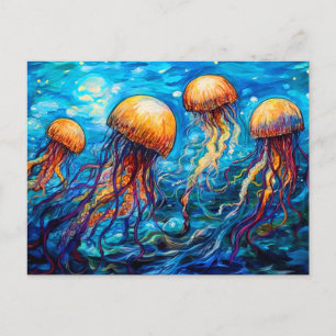 Cartão Postal Água-viva em Pintura a Óleo Subaquática Giratória