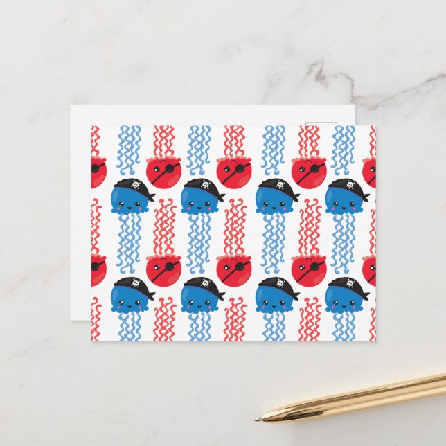 Cartão Postal Água-viva pirata, padrão de água-viva, animais mar (Frente/Verso In Situ)