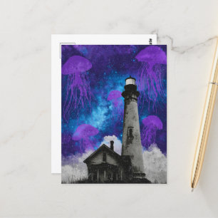 Cartão Postal Água-viva-roxa-surreal e Farol-da-safra