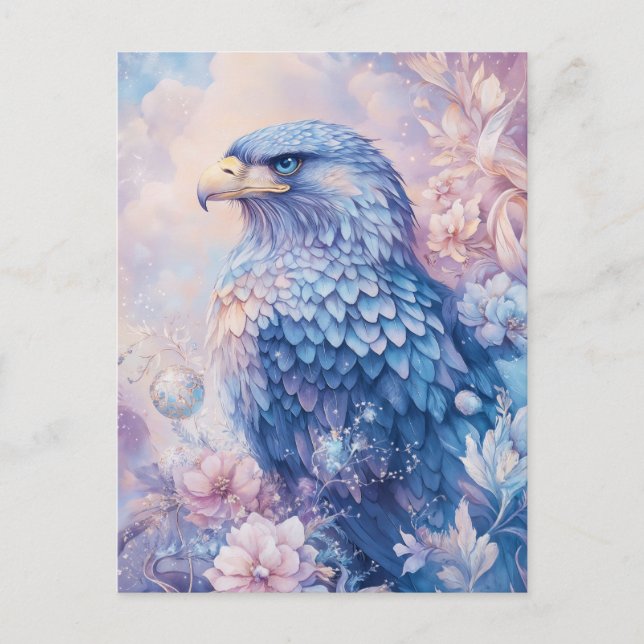 Cartão Postal Águia Azul com Flor Rosa e Roxa (Frente)