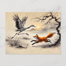 Cartão Postal Águia Caçando um Grou Pintura Chinesa a Tinta