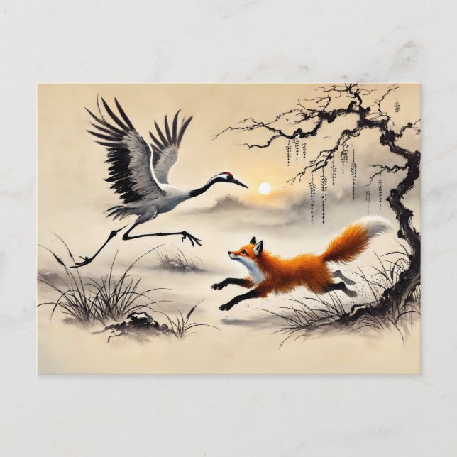 Cartão Postal Águia Caçando um Grou Pintura Chinesa a Tinta (Frente)