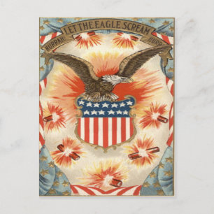Cartão Postal Águia Careca Bandeira Americana Escudo Fogos de Ar