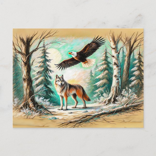 Cartão Postal Águia e Lobo na Floresta Desenho de Giz Pastel (Frente)