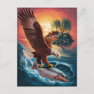 Cartão Postal Águia Majestosa Voando Sobre um Peixe Brilhante