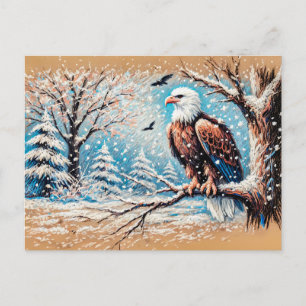 Cartão Postal Águia Sentada em Árvore Durante Nevasca no Inverno