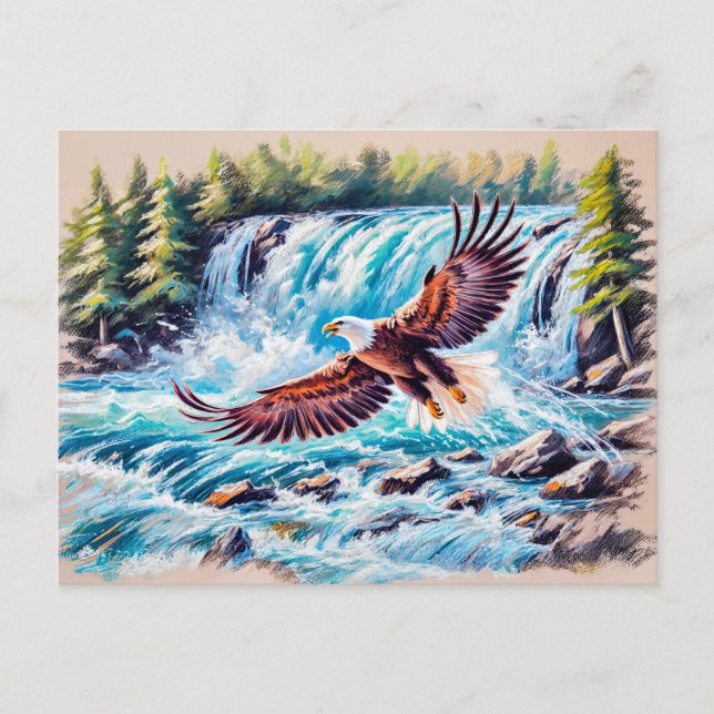 Cartão Postal Águia Voando em Frente à Giz de Pastel em Cascata (Frente)