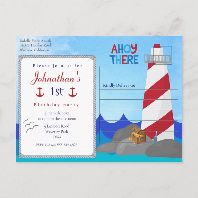 Cartão Postal Ahoy Ali, Farol Branco Vermelho de Cotação Náutica (Verso)