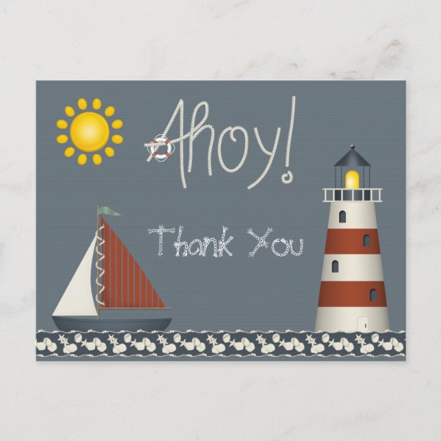 Cartão Postal Ahoy Sail Boat & Lighthouse Obrigado Cartão-Postal (Frente)