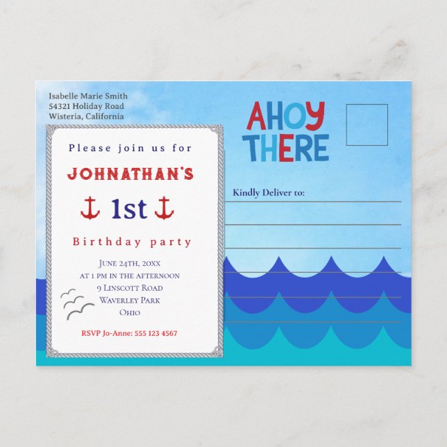Cartão Postal Ahoy There Nautical Theme 1st Birthday Party  Post (Verso)
