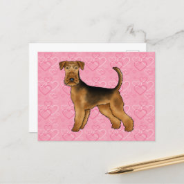 Cartão Postal Airedale Terrier Dog Love with Pink Heart Pattern