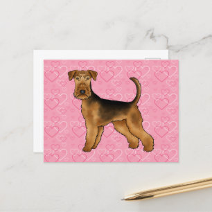 Cartão Postal Airedale Terrier Dog Love with Pink Heart Pattern