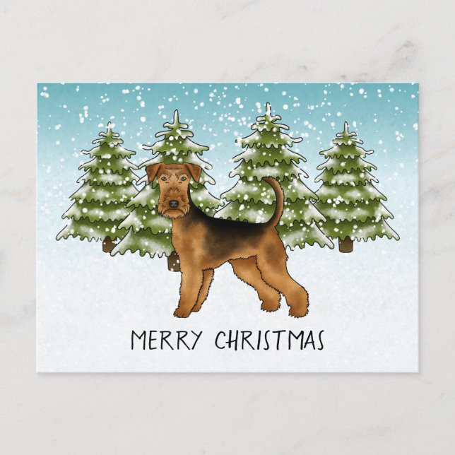 Cartão Postal Airedale Terrier Dog Snowy Winter Forest Festivo (Frente)