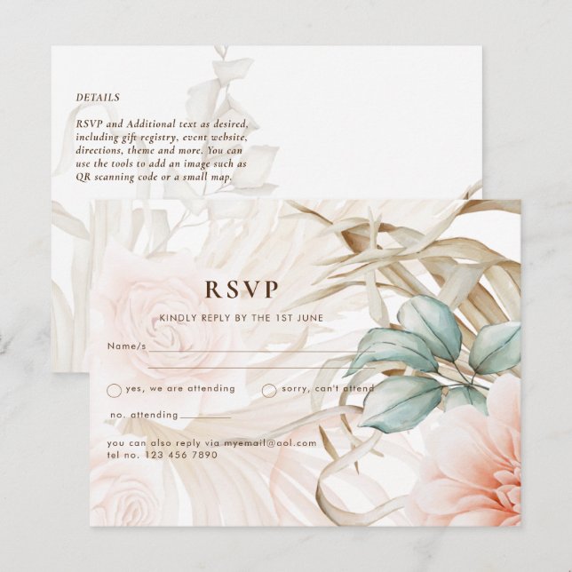 Cartão Postal Airy BOHO Pampas Grass Light Peach Wedding (Frente/Verso)