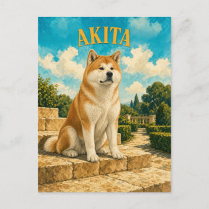 Cartão Postal Akita, Arte de Cachorro em Aquarela Vintage