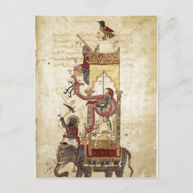 Cartão Postal Al-Jazari: Relógio de elefante (relógio mecânico,  (Frente)