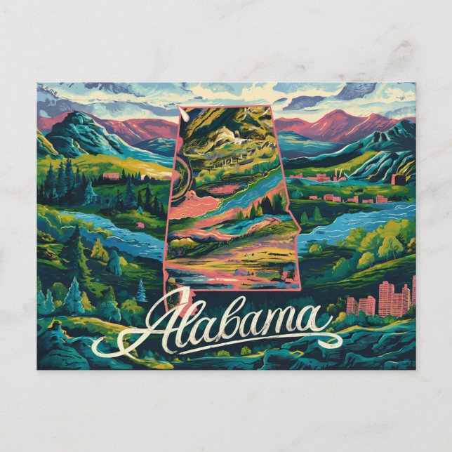 Cartão Postal Alabama: Celebração Vibrante na Ilustração (Frente)
