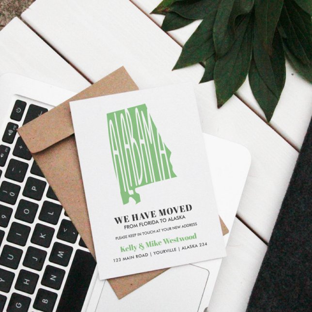 Cartão Postal ALABAMA Mudamos o novo endereço Novo lar (ALABAMA STATE SILHOUETTE IN GREEN TO ANNOUNCE YOUR MOVING OR RELOCATION IN THIS FANTASTIC USA STATE)