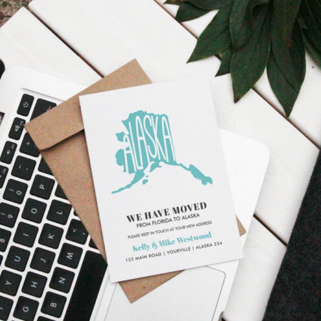 Cartão Postal ALASKA Mudamos Novo endereço Nova Casa  (ALASKA MAP THEMED RELOCATION POSTCARD TO ANNOUNCE TO FAMILY AND FRIENDS WHERE YOUR NEW HOUSE IS)