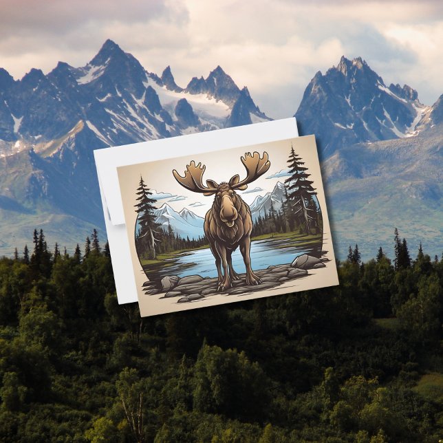 Cartão Postal Alaskan Moose em pé sobre rochas por água (Criador carregado)