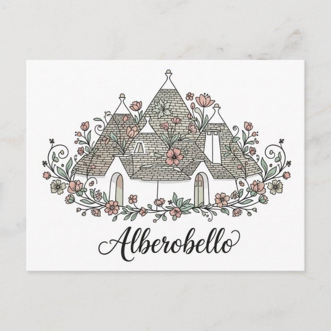 Cartão Postal Alberobello Itália Trulli abriga flores (Frente)