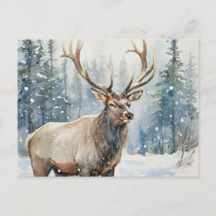 Cartão Postal Alce da Vida Selvagem em Aquarela no Inverno