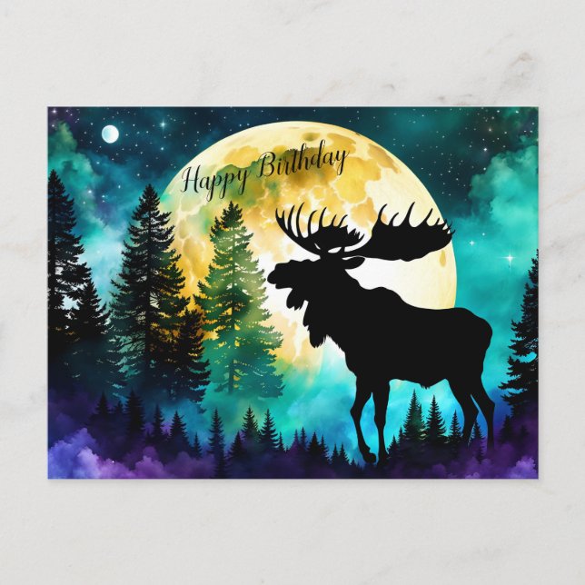 Cartão Postal Alce na floresta Lua cheia  (Frente)