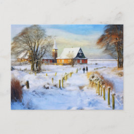 Cartão Postal Aldeia do mar Báltico no inverno. Pessoas caminhan