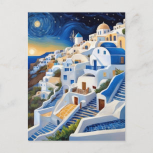 Cartão Postal Aldeia grega na encosta com moinho de vento - Gréc