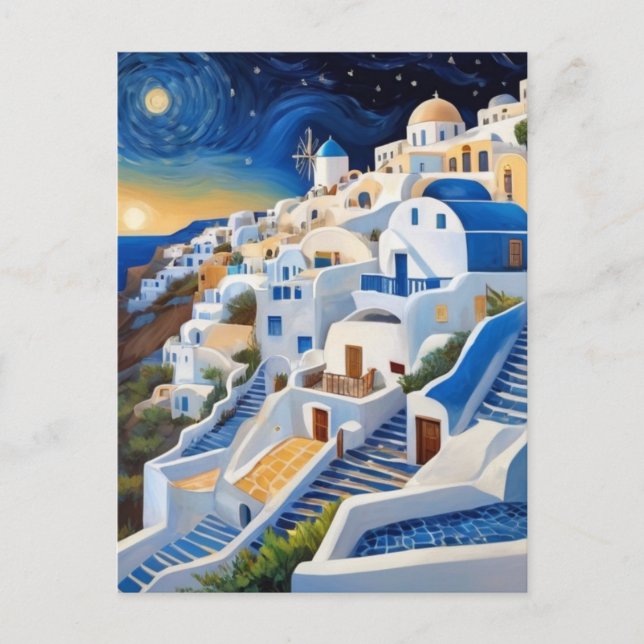 Cartão Postal Aldeia grega na encosta com moinho de vento - Gréc (Frente)