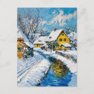 Cartão Postal Aldeia Nevada com Córrego e Árvores Pintura Fantas