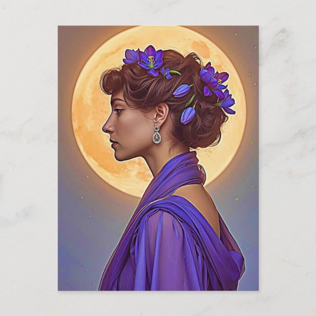 Cartão Postal Alegoria da Primavera - mulher com flores roxas (Frente)