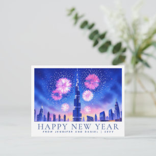 Cartão Postal Alegre Ano Novo com Aquarela Personalizada de Fogo